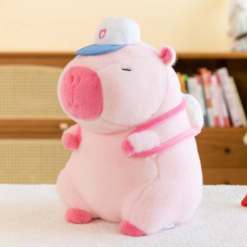 Pink Capybara Plush with White Cap Stuffed Animal Gift